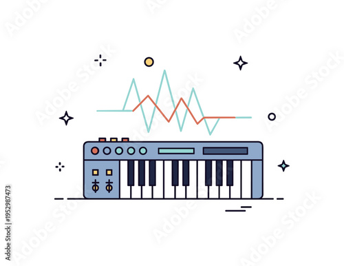 Sound synthesis in music production featuring a simple synthesizer keyboard with subtle waveforms rising above it, symbolizing electronic creativity and audio