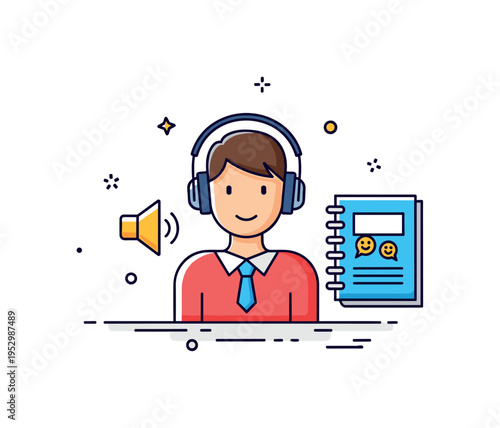 Auditory learning concept student figure with small audio icon and notebook nearby, symbolizing learning through listening and verbal instruction. Minimalist