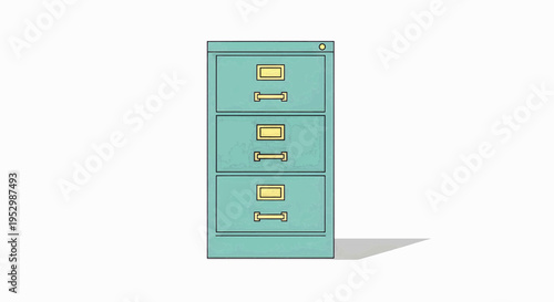 Retro Teal Metal Filing Cabinet Illustration with Three Drawers, Ideal for Office Document Storage and Organization, Representing Bureaucracy and Archiving