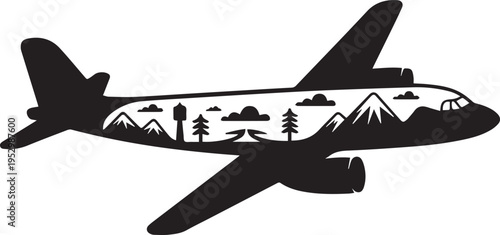Airplane silhouette with internal landscape scenery featuring mountains trees and clouds for travel and aviation adventure design illustration