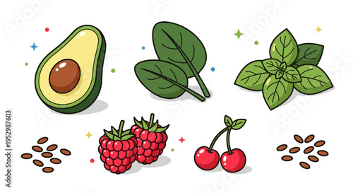 Colorful collection of fresh food elements including avocado, spinach, berries, and herbs in a playful, modern style