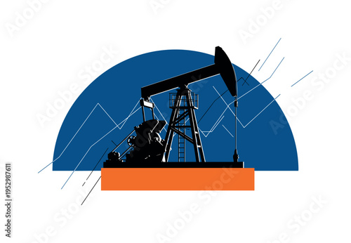 Black and white oil pump jack silhouette in side view, bold deep blue semicircle behind forming industrial horizon, bright orange rectangular block grounding