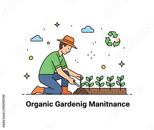 Organic gardening maintenance illustrated with a gardener kneeling beside a tidy row of vegetables while removing a stray weed, conveying sustainability and