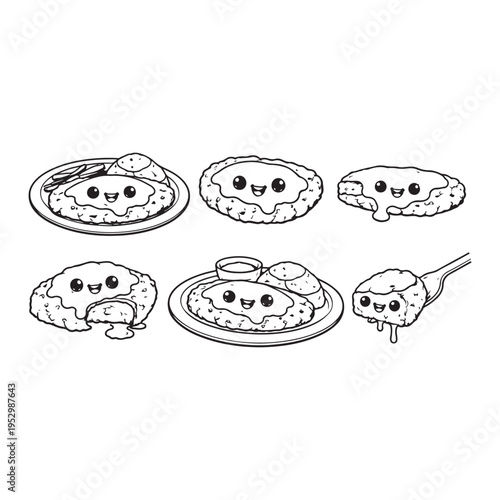 Fried Chicken Steak with White Sauce lineart Cartoon Vector  Crispy Fried Chicken Cutlet with Creamy Sauce Vector Crispy Chicken Cutlet with Gravy Sauce 