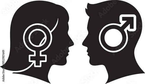 Silhouette of male and female symbols on human heads