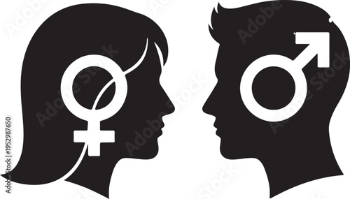 Silhouette of male and female facing each other with symbols