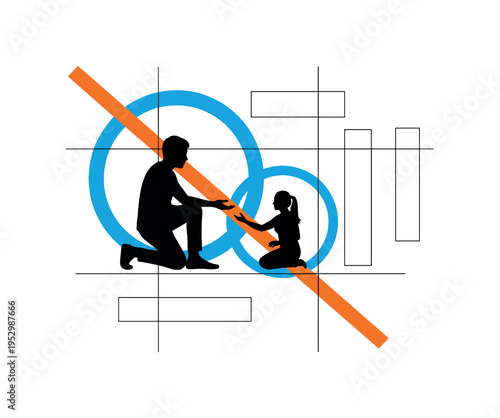 Black and white person kneeling and extending a hand to a smaller silhouette below, bright blue circular halo uniting both figures and orange diagonal bar