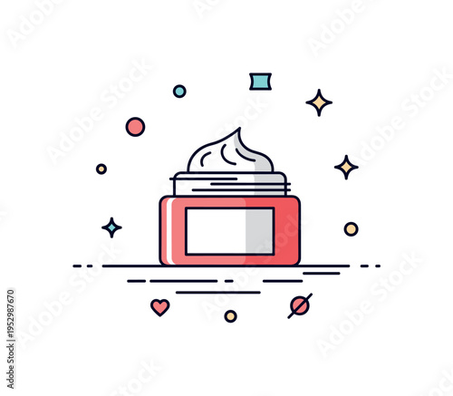 Beauty product mockup cosmetic flat lay concept featuring a central cream jar surrounded by minimal decorative dots and tiny sparkle accents. The scene