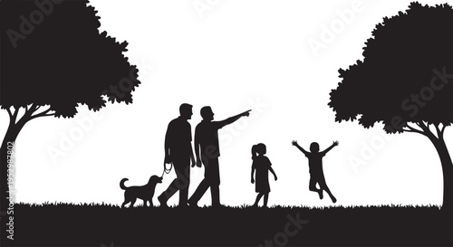 Family silhouette walking with dog under trees on sunny day