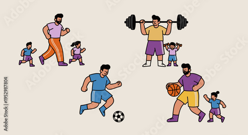 A vibrant illustration depicting families engaging in various sports activities, featuring a modern flat design style