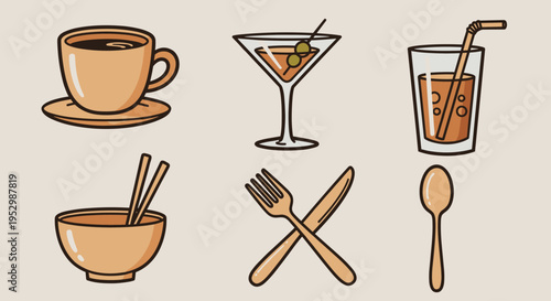 A collection of beverage icons featuring coffee, cocktail, and soft drink in a modern, flat style