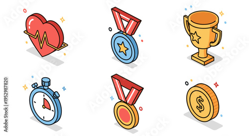 A colorful set of fitness and achievement icons, featuring a heart rate monitor, medals, a stopwatch, and a trophy