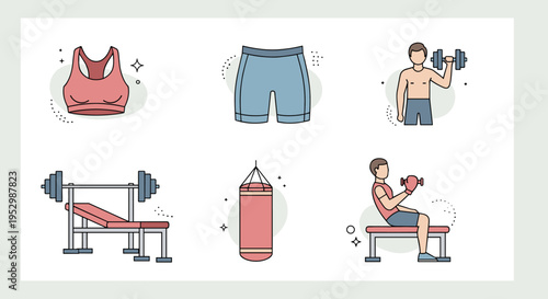 A collection of fitness icons featuring workout gear, weights, and exercise equipment in a modern flat style