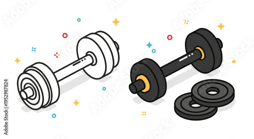 A colorful illustration of dumbbells and weight plates in a modern, flat design style suitable for fitness themes