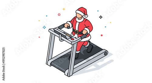 A cheerful Santa Claus jogging on a treadmill, illustrated in a modern flat style with festive elements