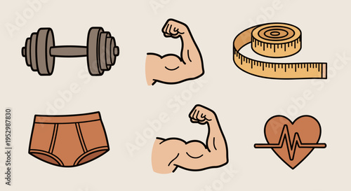 A collection of fitness-themed icons featuring dumbbells, measuring tape, and muscular arms in a flat, modern style