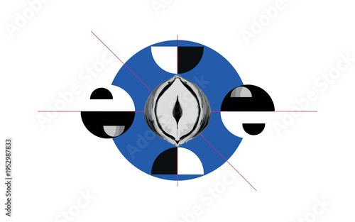 Black and white hazelnut split perfectly in half mirrored symmetrically, large cobalt blue circle framing the composition, thin red diagonal line crossing