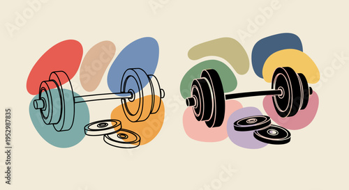A vibrant illustration of dumbbells with colorful abstract shapes, featuring a modern and minimalist style, suitable for fitness and health themes