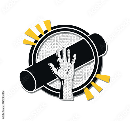 Black and white hand reaching downward toward abstract lagoon surface without touching it, deep cyan circle beneath hand, bold red vertical rectangle anchoring