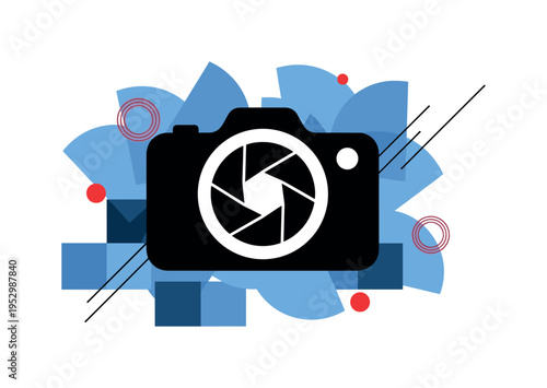 Black and white camera shutter icon enlarged in center, background filled with overlapping blue semicircles and red circular accents symbolizing defocused