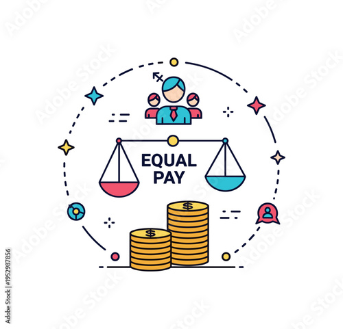 Equal pay discussion represented by balanced gender neutral icons and a coin stack symbolizing fairness and workplace equality. Clean circular composition