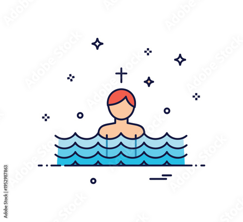 River baptism faith renewal theme showing a single figure waist deep in stylized water with a small cross symbol subtly positioned above. The composition