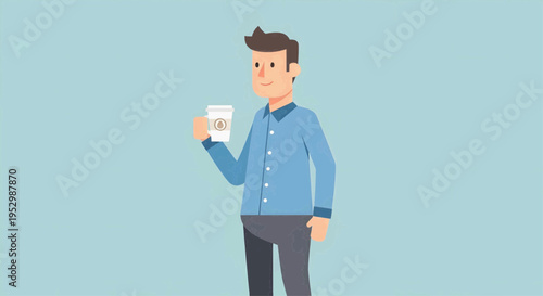 Smiling Man in Blue Shirt Holding a White Coffee Cup with a Brown Logo