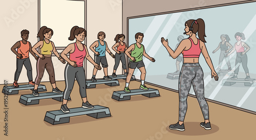 Group fitness class with diverse participants exercising on step platforms, illustrated in a modern, flat style