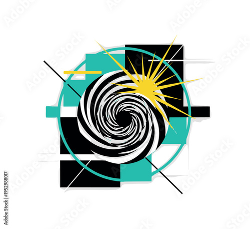 monochrome abstract tornado spiral reduced to bold graphic swirl, centered with teal circular halo and sharp yellow starburst rays radiating outward, geometric