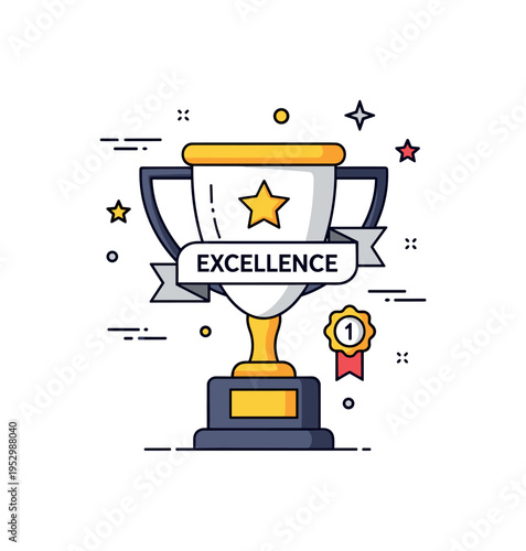 Lifetime achievement honor concept featuring a distinguished trophy with a small ribbon banner reading Excellence, conveying long-term dedication and prestige.