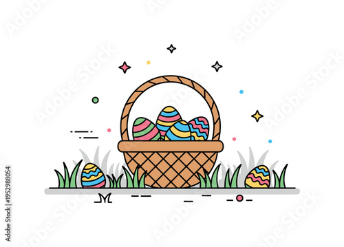 Easter egg hunt in spring garden centered on a woven basket filled with colorful patterned eggs hidden among simple grass shapes, expressing joy, discovery,