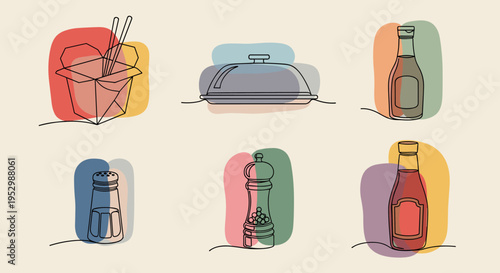 A collection of minimalist line drawings featuring food items and condiments with colorful backgrounds