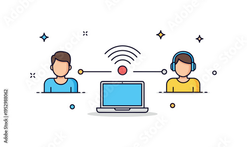 Remote collaboration and digital teamwork concept featuring two simplified user avatars connected by signal lines through a laptop icon. The scene communicates