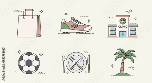 A collection of vector icons featuring a shopping bag, soccer shoe, clinic, soccer ball, cutlery, and palm tree in a minimalist style