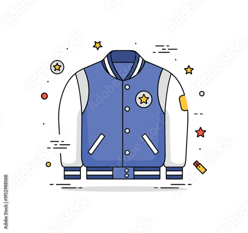 Classic varsity jacket trend concept illustrated through a sporty jacket silhouette with subtle star badge accent, expressing youthful nostalgia and campus