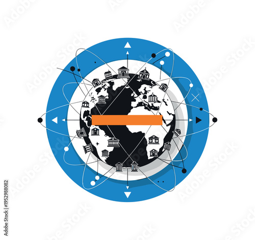 Black and white globe with small civic building icons distributed across continents, bold blue circular halo around the globe and orange horizontal bar