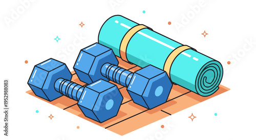 A vibrant illustration of dumbbells and a yoga mat, featuring a modern flat design style, ideal for fitness themes