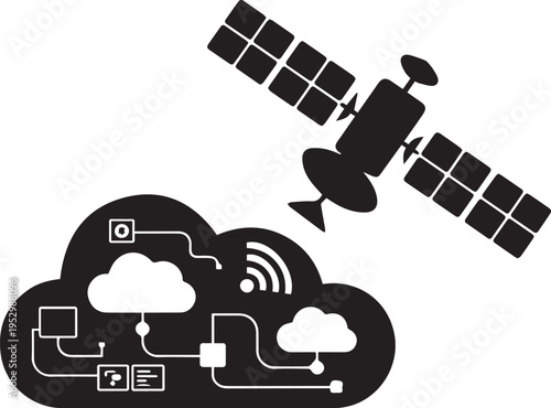 Cloud computing with satellite communication, black and white icon represents global network and data exchange technology