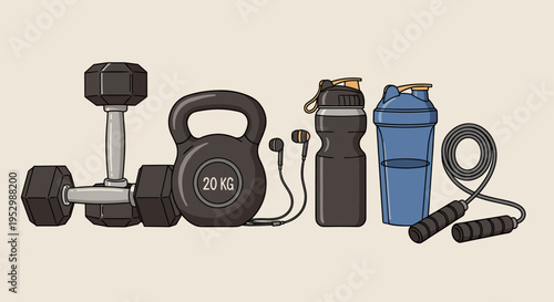 A collection of fitness equipment including dumbbells, kettlebell, water bottles, and a jump rope in a flat style