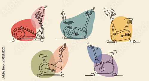Illustration of various exercise bikes in a minimalist line art style with colorful background shapes, perfect for fitness themes