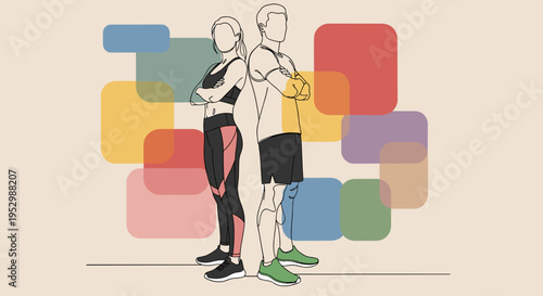 Two confident athletes standing back-to-back, illustrated in a modern, minimalist style with colorful geometric shapes in the background