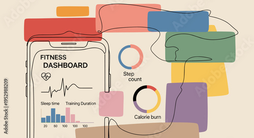 A modern fitness dashboard illustration showcasing metrics like step count, calorie burn, and sleep time in a minimalist style