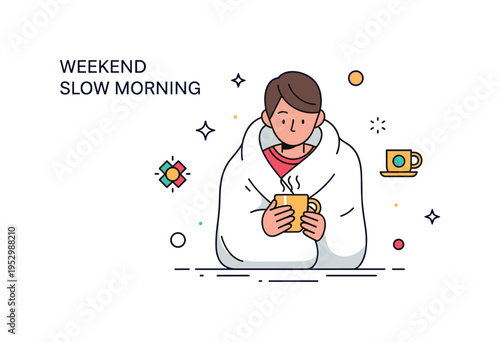 Weekend slow morning person wrapped in a soft blanket holding a warm cup with subtle steam lines, conveying comfort, recovery and unhurried self