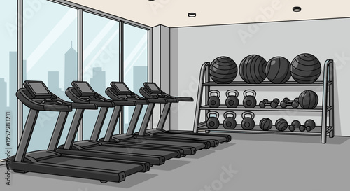 A modern gym interior featuring treadmills and a variety of weights, illustrated in a minimalist style