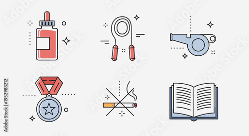 A colorful collection of icons featuring sports items, tools, and a book in a modern flat style