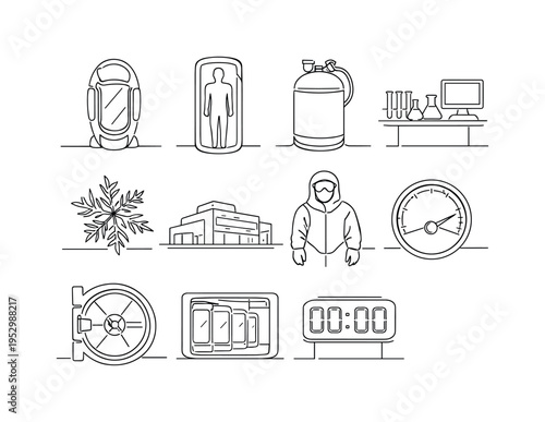 Human Cryonics Preservation. Minimalistic set one-line drawing [cryogenic capsule pod, human silhouette inside chamber, liquid nitrogen tank, scientific