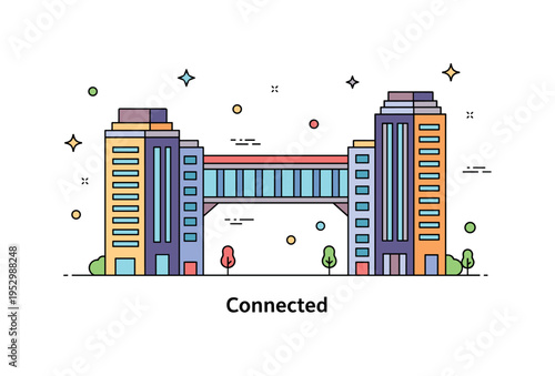 Corporate campus skybridge linking two office blocks highlighting teamwork, shared goals, and streamlined workflow. A short label Connected