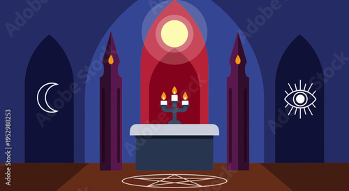 Mystical altar with candles moon sun and eye symbols.