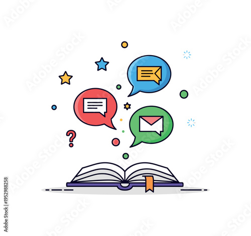 Language learning friendship theme illustrated by a small open book with speech bubbles containing simple greeting icons merging above it. The scene conveys