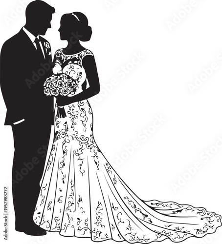 Romantic wedding silhouette of a couple in love on their special day
